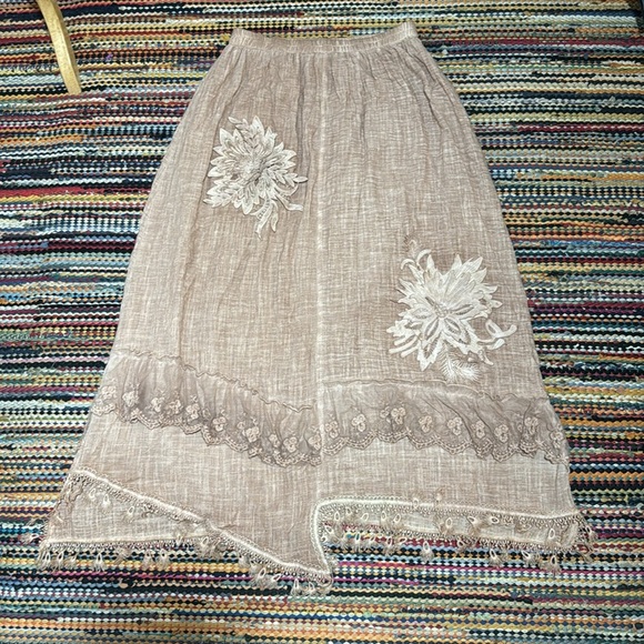 ❤️Pretty Angel  Brown Double Layer Linen Blend Lace Skirt Boho Lagen Look … - Picture 5 of 16
